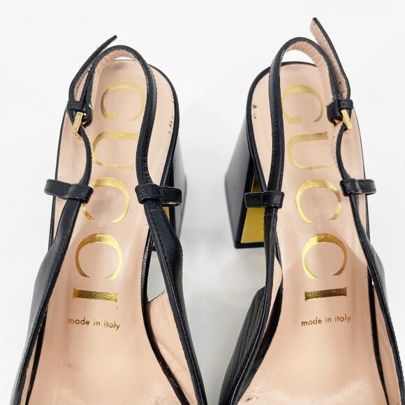 Gucci Black Leather Baby Horsebit Square Toe Block Heel Slingback Pumps EU 37 - Picture 8 of 12